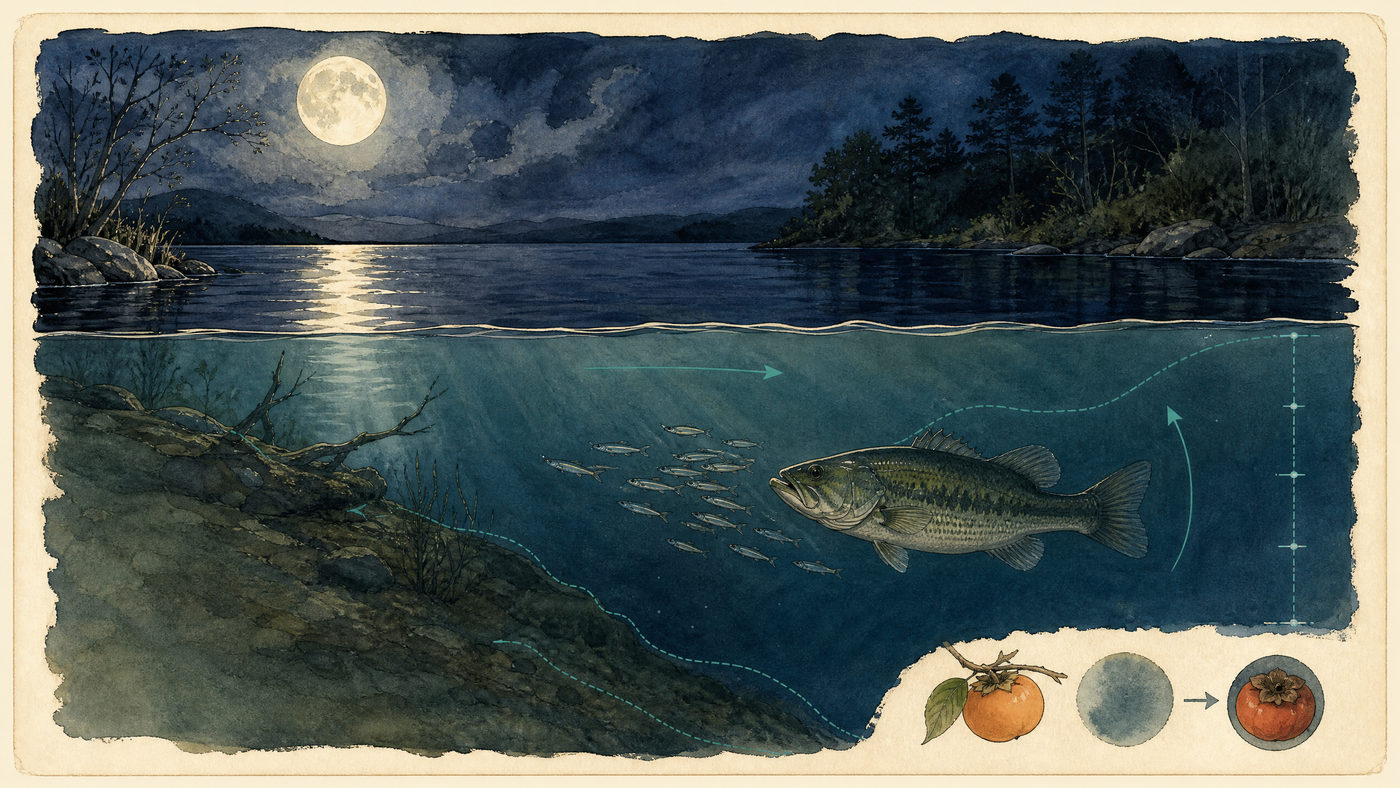 満月の夜の湖面、水中のベイトとバスのレンジを示した手描きフィールド図版