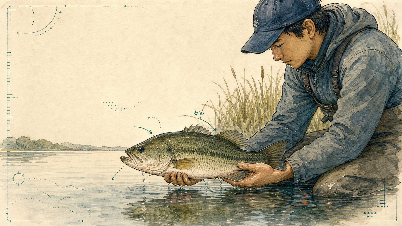 水面近くで魚体を両手で水平に支え、リリースする様子を示した手描きフィールド図版