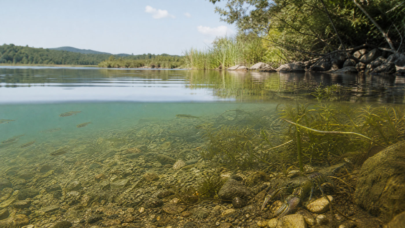 小魚と甲殻類、水草が見える浅場の水中環境の写真