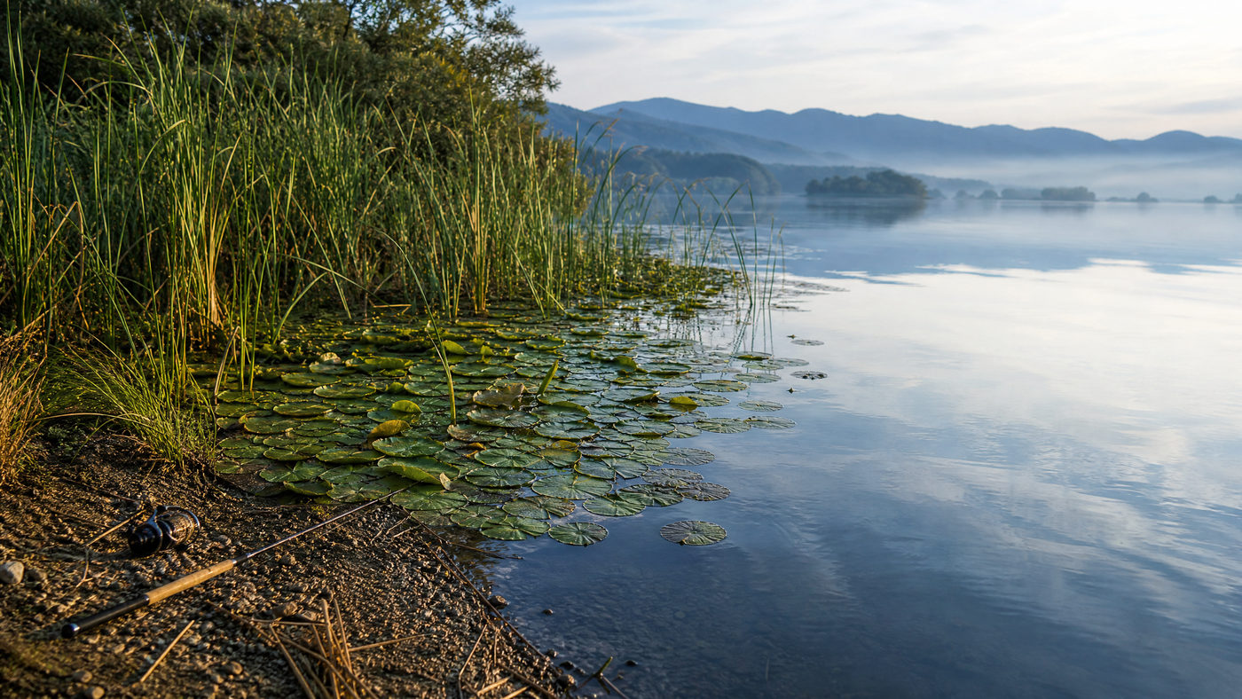開水面との境目に生える水草と湖岸を写した写真